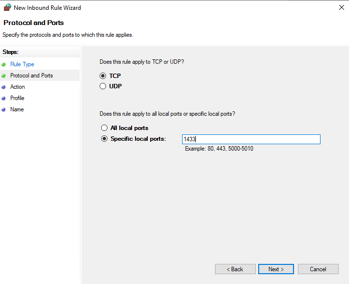 New Inbound Rule Wizard: Protocol and Ports